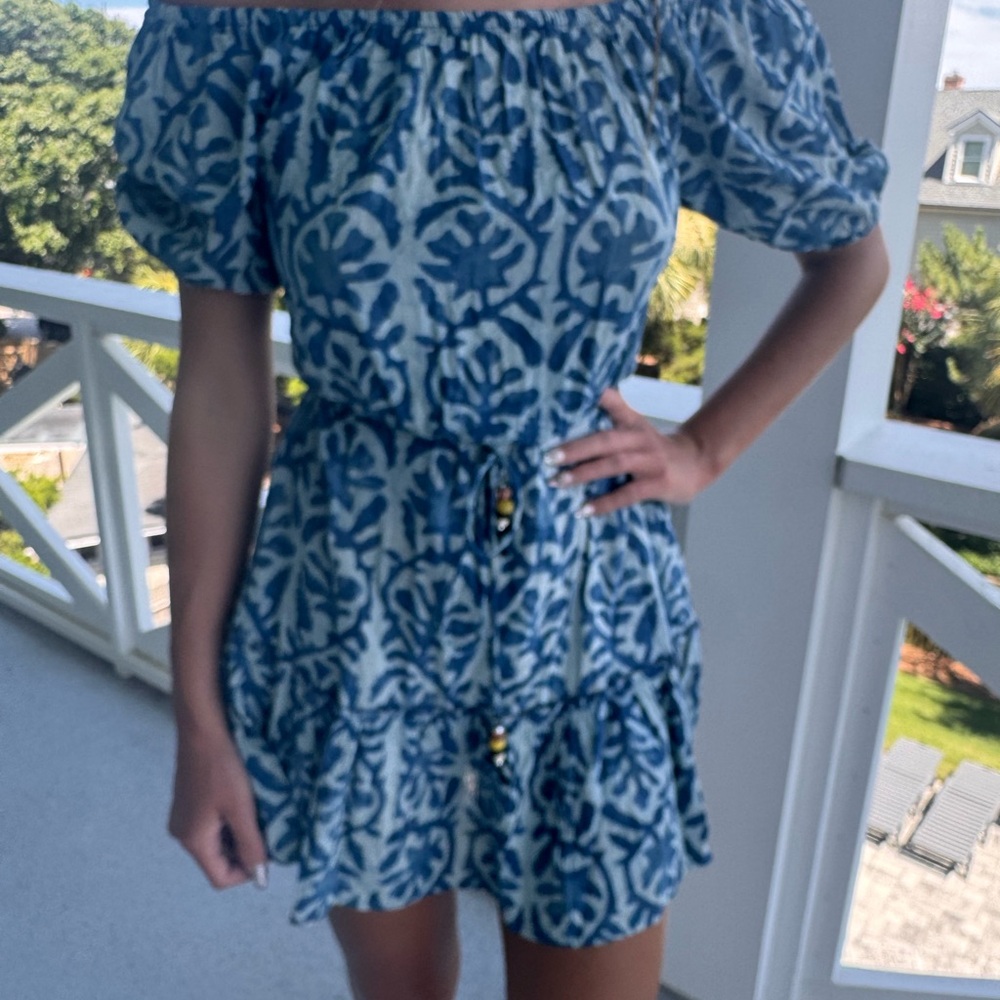 NWT Blue Island Blue and White Ruffled Off-Shoulder Sundress